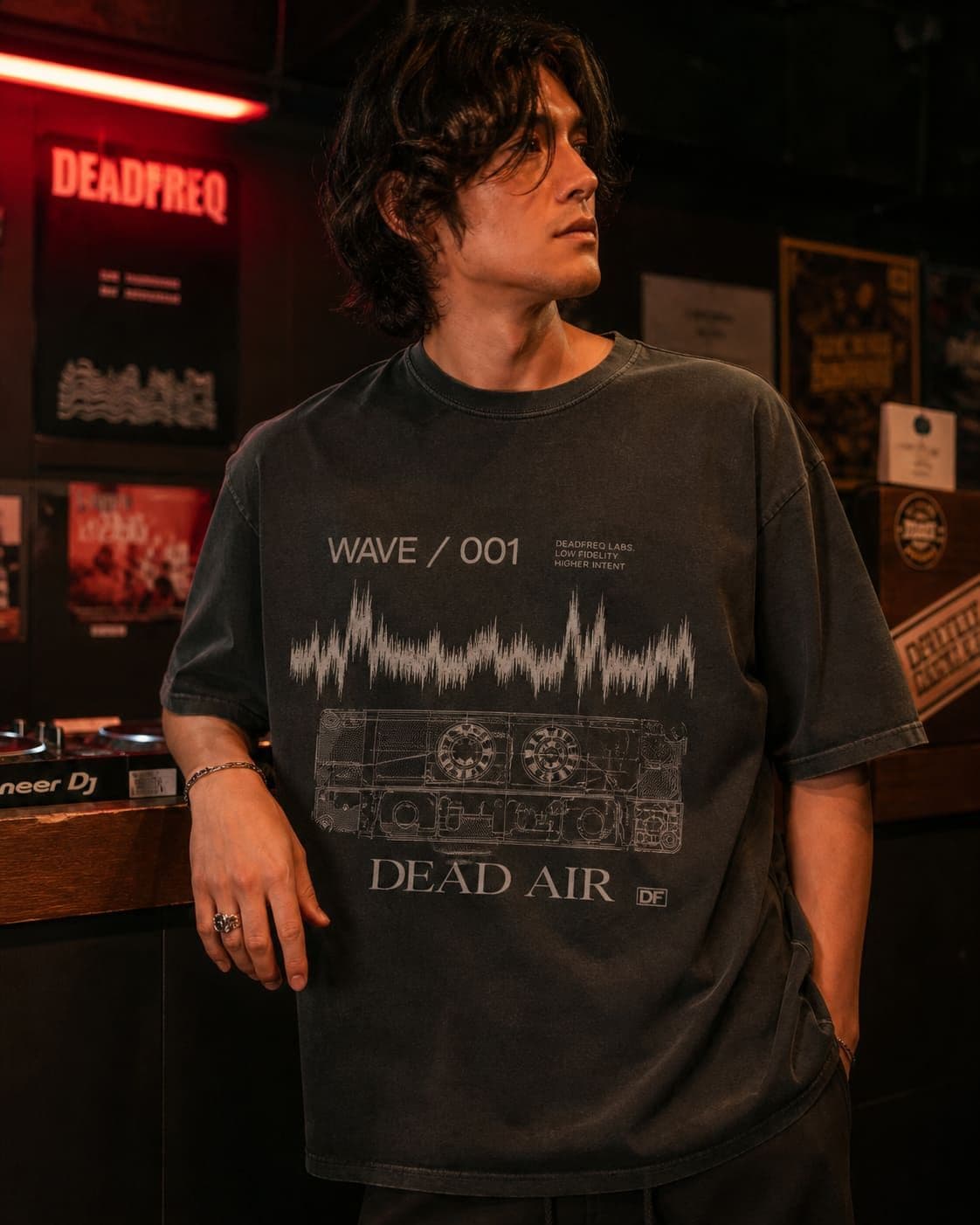 WAVE / 001 — DJ booth, cassette schematic tee